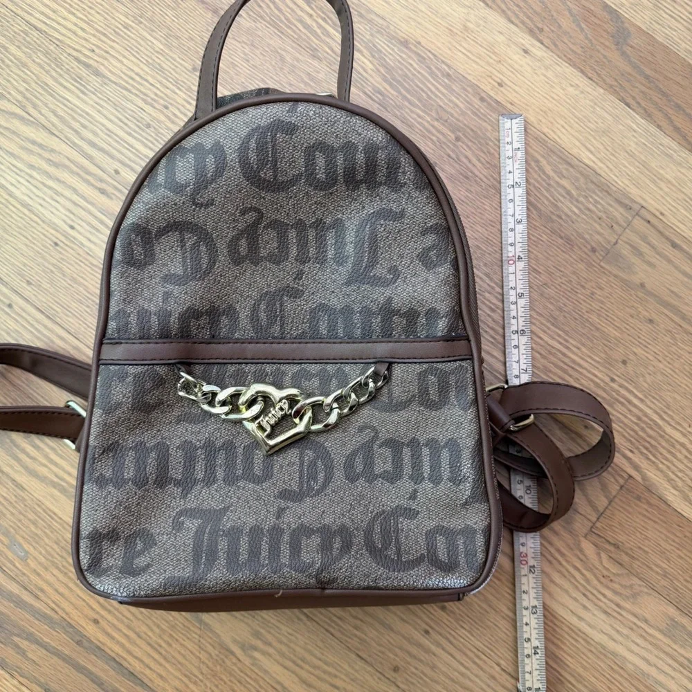 Juicy Couture Brown Monogram‎ Mini Backpack Gold Heart Chain Logo Print Bag